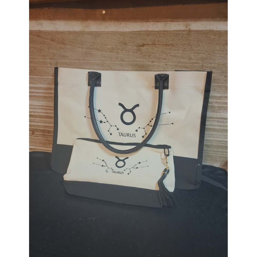Taurus Zodiac Tote Bag With Matching Pouch Black White Constellation Purse Set